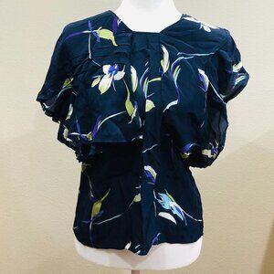 LEWIT Silk Flowy Top Blouse Floral Short Sleeve Navy Size S